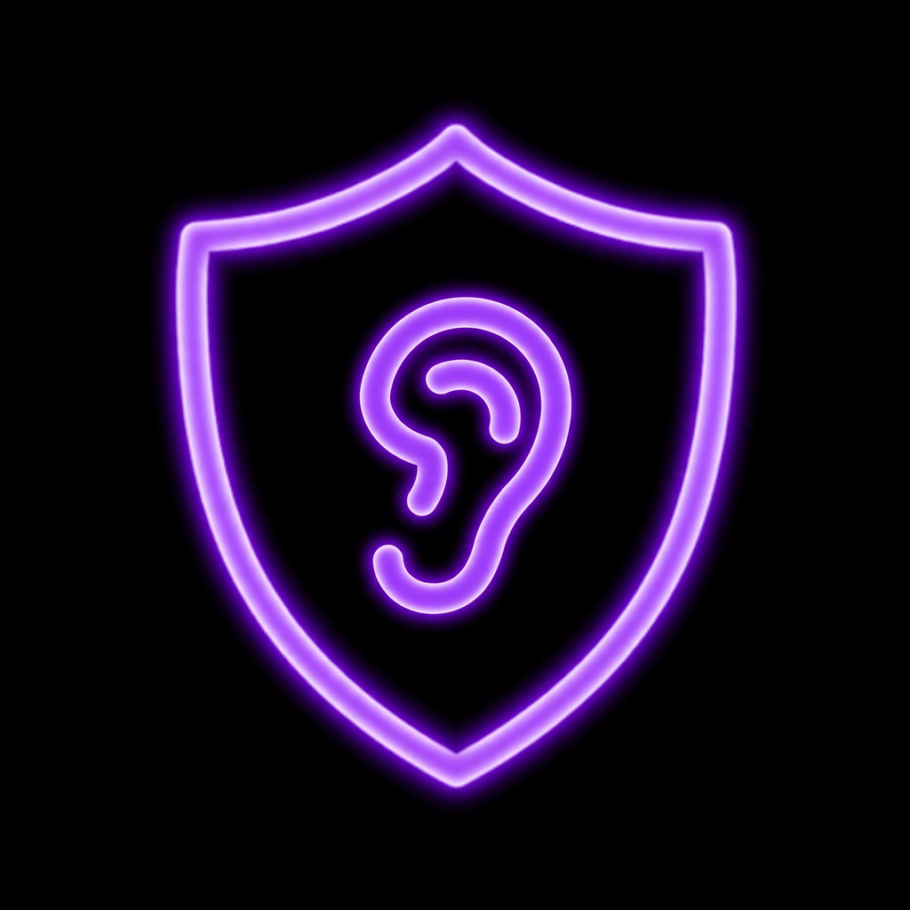 Lock N Talk logo — a neon purple shield with an ear inside